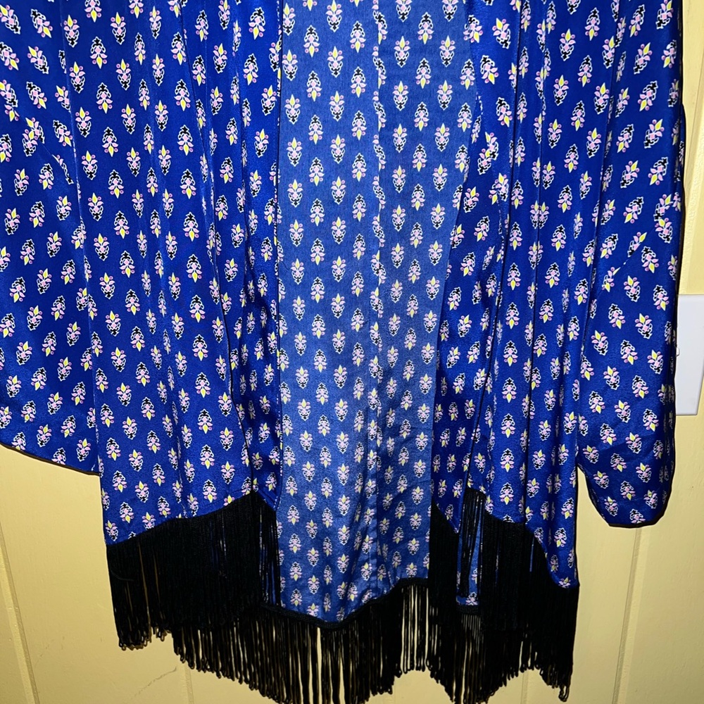 Olsenboye Blue Boho Open Front Black Fringe Y2K Hippie Draped Cardigan Size XS - Picture 2 of 10